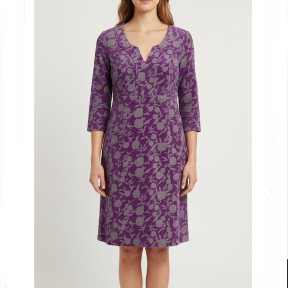 Boden Purple Gray Floral Fine Wale‎ Corduroy 3/4 Sleeve Dress Size 10 LONG